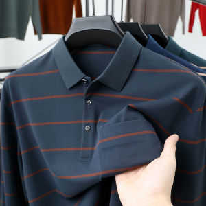 Long Sleeve Polo Shirt for Middle-Aged Men Autumn Business Casual Cotton Striped Pocket Design True Pocket Dad Clothes Large Size Base Top