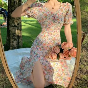 Floral Skirt Monet Oil Painting Skirt Womens French Style Tea Dress Split Thin Chiffon Dress New Summer Slimming