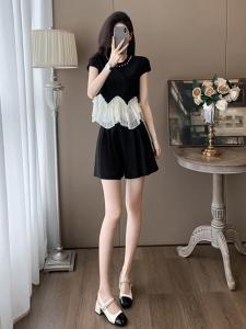 European Goods Chic Belly Covering Short sleeve Fashionable T-shirt Top High Waist Slimming Cropped Wide Leg Pants Summer Clothing Matching A Complete Set