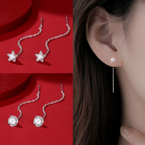 1 Pair Shiny Zircon Silver Chain Tassel Drop Earrings for Women Heart Flower Geometric Straight Ear Lines