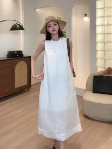 Casual Chic White Cotton Lin Womens Dress Summer 2024 Sleeveless Fashion Simple Straight Long Skirt Single Piece