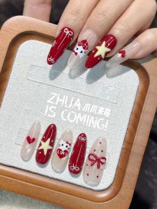 Hand-Painted Red Heart Cute Kitty Cat Champagne Gold Eye Wearable Nail Tips Bright Color Scheme Almond Nail Type Handmade Craft