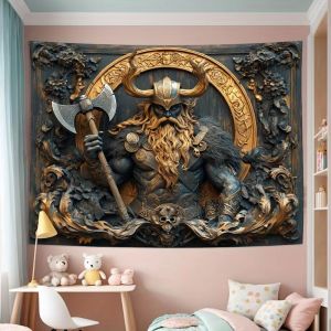 VIKAMA Chiến Binh Viking 3D Khắc Gỗ Treo Tường Thảm Bắc Âu Giả Tưởng Phòng Ngủ Chơi Game Người Hang Trang Trí Nhà Polyester Treo Tác Phẩm Nghệ Thuật