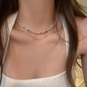 Colorful Beaded Silver Dust Necklace for Women Spring Summer Multi-Dopamine Layered Clavicle Chain Lightweight Luxury Accessory