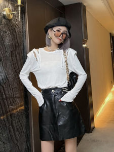 Slimming High Waist A-Line Mini Skirt Short Washed Leather Spring New Arrival Street Style Pure Color European And American