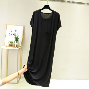 Váy Ngắn Tay Modal Dáng Chữ a Cỡ Lớn Mùa Hè 2025 Váy Ngủ Mỏng Rộng Rãi Váy Dài Thon Gọn Váy Công Sở Cổ Tròn Màu Trơn