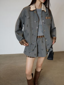 Fashionable Faux Layered Coat Grey Pearl Floral Patchwork Women Autumn Winter