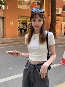 White Pure Cotton Slim Fit Short Sleeve T-Shirt Womens Inner Wear Summer New Style Hot Girl Short Length Fashionable Top