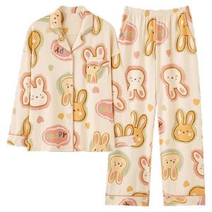 MiiOW | ชุดนอนผู้หญิงผ้าฝ้ายลายการ์ตูนน่ารัก แขนยาว ชุดนอนฤดูใบไม้ผลิฤดูใบไม้ร่วงฤดูหนาว ชุดนอนผ้าฝ้ายแท้ พร้อมแผ่นเสริมหน้าอก ชุดนอนสำหรับใส่ในบ้าน