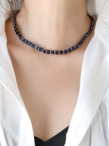 Natural Lapis Lazuli Beads Necklace for Women 18K Gold Plated Titanium Steel Chain Geometric Pattern Fashion Jewelry Gift