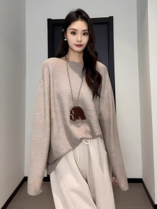 Early Autumn plus Size Womens Loose Knitted Long Sleeve Base Shirt Cover Belly Slimming Top Korean Style Commute Fashion