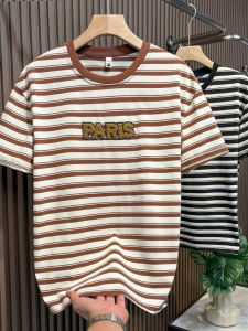 Summer Mens Short Sleeve T-Shirt Casual round Neck Striped Top Breathable Comfortable Fashionable Youth Popular Cotton Tee