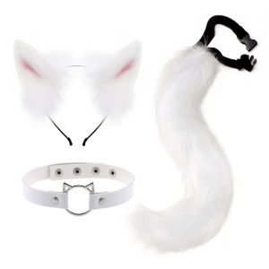 Cat Ears and Wolf Fox Animal Tail Cosplay Costume Faux Fur Hair Clip Headdress Halloween Leather Neck Chocker Set