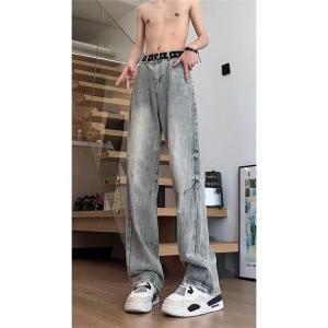 High Waist Straight Leg Micro Flared Jeans Men Summer American High Street Unique Design Bamboo Fiber Lightning Pattern Jeans
