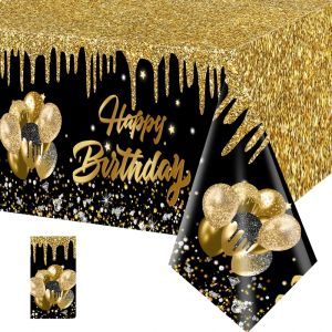 220x130cm Black Gold Disposable Plastic Tablecloth Birthday Party Decorations for Men Women Years Old Table Cover Party Supplies