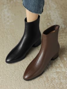 Retro Full Goatskin Chunky Heel Short Boots for Women Autumn and Winter New Ankle Boots Leather Mid Heel Brown with Velvet Dr. Martens Boots 3.5