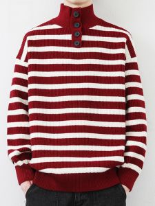 ROMON | Red High Collar Knitted Sweater For Men By Romon Winter Fashion City Style Long Sleeve Loose Fit Casual Wear Dragon Year New Year