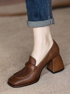 New Soft Leather Chunky Heel Single Shoes Slimming Slip-On Small Leather French Vintage Square Head Brown High Heel Loafers Women