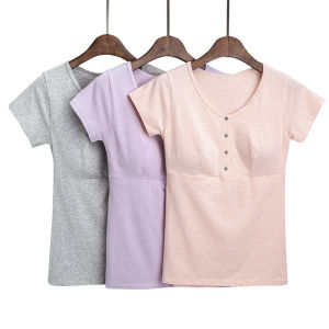 ชุดให้นมบุตรผ้าฝ้ายแท้แบบกระดุมเปิดด้านหน้าเสื้อยืดแขนสั้นใส่ช่วงฤดูร้อนสําหรับหญิงตั้งครรภ์หลังคลอดเสื้อชุดให้นมชุดใส่อยู่เดือนชุดฤดูร้อน