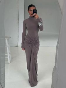 Đầm Ôm Body Nữ Kiểu Hipster Cổ Tròn Tay Dài Chất Liệu Co Giãn Dáng Dài Xếp Ly Thời Trang Thu Đông.