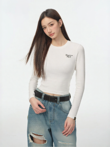 dangerouspeople | Ribbed Embroidered Logo Fitted Casual Versatile T-shirt