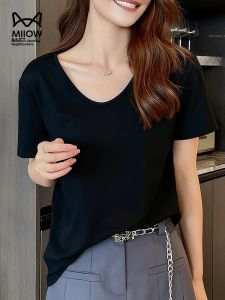 miiow | Slimming Effect Loose Short Sleeve V-Neck T-Shirt Black Large Size Summer New Casual Versatile Thin Cat Person MiiOW Top