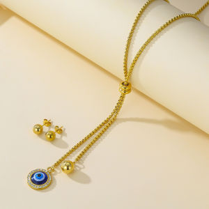 18K Gold Stainless Steel Evil Eye Sweater Chain and Titanium Steel European and American Versatile Sweater Chain with Matching Ear Studs Set