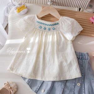 Floral Embroidered Loose Lace Flutter Sleeve Girls Summer Blouse