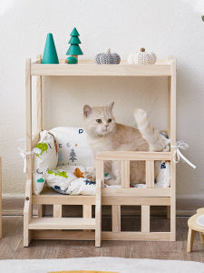 Solid Wood Cat Bed Double Layered Indoor Outdoors Four Seasons Available Enclosed Design for Kittens Sleeping And Resting