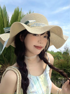 หมวกไหมพรมผู้หญิงทรงกลมปีกกว้างสำหรับฤดูร้อน สไตล์ชายหาด หมวกกันแดด หมวกไหมพรมผูกโบว์ผีเสื้อ หมวกกันแดดสำหรับเดินทาง