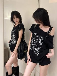 American Hong Kong Style Spicy Girl off Shoulder Short Sleeve T-Shirt Women Summer Loose Fit Slimming Top Cotton Casual Wear