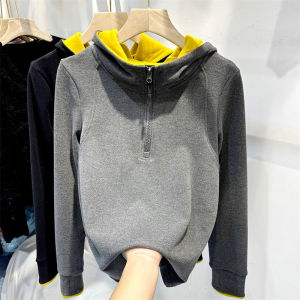เสื้อสเวตเตอร์มีฮู้ดแบบมีซิปครึ่งตัวสำหรับผู้หญิง ฤดูใบไม้ร่วง/ฤดูหนาว ดีไซน์เก๋ไก๋ อบอุ่น ชั้นใน เสื้อตัวบน ผ้าขนแกะโพลีเอสเตอร์