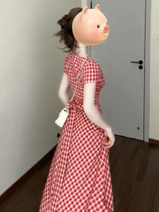 Y6Y | French Red Plaid Elegantly Short Sleeve Square Collar Long Dress Women Summer Lace Splicing Unique Beautiful Waist Cinched A-Line Dress