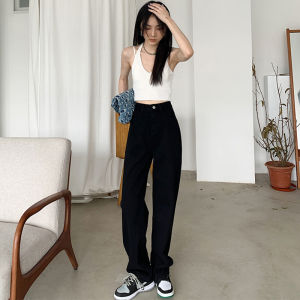 Black Wide Leg Jeans Womens Loose Straight Floor-Length High Waist Chic Hong Kong Style LGKG Cotton Polyester Regenerated Cellulose Fiber