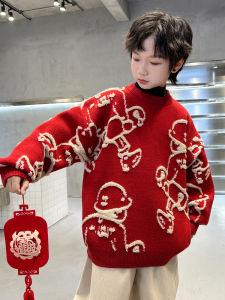Red Knitted Sweater for Boys Snake Year Celebration Clothes Winter Childrens Clothing Festive Half High Collar Long Sleeve