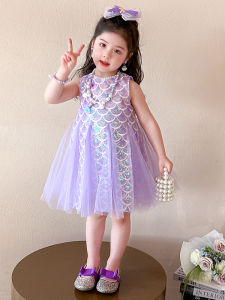 ชุดเจ้าหญิงปลาฉลามฤดูร้อนสำหรับเด็กผู้หญิง ชุดเดรสแฟชั่นสั้นปมลูกไม้ประดับเลื่อม เดรสเกิดวันเกิด ชุดเดรสผ้าฝ้ายคอกลม