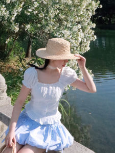 Áo Sơ Mi Cotton Dài Tay Phong Cách Pháp Thường Ngày Mùa Hè 2024 Cổ Bẻ Viền Ren Tay Bồng Màu Trắng Sukeec Mountain Night