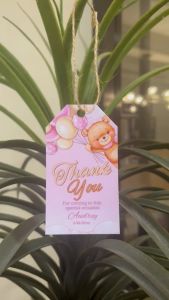 We Can Bearly Wait - Pink Teddy Bear - Girl Birthday Baptism Christening Dedication Card - Give Tag - Personalized