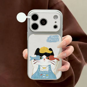 Cartoon Cat And Fish Soft Phone Case For iPhone 16 18 15 17 13 14 11 12 Pro Max Lychee Texture Leather Lanyard Shockproof Cover