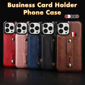 Business Card Holder Phone Case for iPhone 13 Pro | 13 Pro Max | 14 Pro | 14 Pro Max PU Leather Stand Holder Back Cover With Hand Strap Kickstand Softcase Dompet Kulit Card Slots Cover Dompet Tempat Kartu Penutup Belakang Tahan Benturan