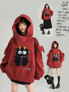 KEIKO | Áo Hoodie Thêu Hình Thú Bông Rộng Rãi Màu Đỏ
