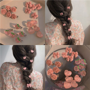 🔥5Pcs Super Sweet Pink Hairpin Girl Bow Honey Peach Camellia Heart Clip Side Clip Hair Accessories LovelylifeFu👍