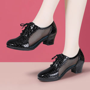 Real Leather Dance Shoes Breathable Hollow out Design Square Dancing Shoes for Women Comfortable mid Heel Rubber Outsole
