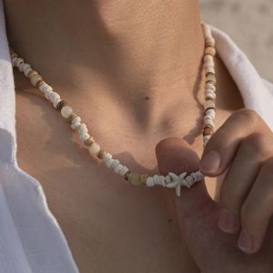KunJoe Summer Coconut-husk Wood Beads Starfish Choker Necklace for Men Bohemian Natural Stone Clavicle Chain Male Street Jewelry