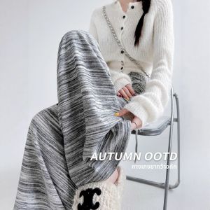 กางเกงขายาวทรงหลวมเอวสูงลายทางผูกปม กางเกงขายาวทรงตรงลำลองสำหรับผู้หญิง ฤดูใบไม้ผลิและฤดูใบไม้ร่วง กางเกงขายาวลำลอง