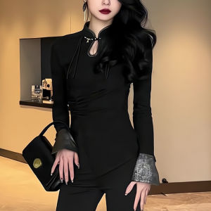 Slim Fit Black Long Sleeve Womens Top Fashionable New Chinese Design Early Autumn Trendy Style Commute Korean Version T-shirt