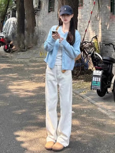 White Slim Wide Leg Denim Jeans Womens Spring Autumn High Waist Straight Cut Pants Casual Style Water Washed High Waist Loose Fit