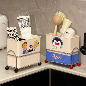 Large Capacity Kitchen Utensil Storage Box Spoon Drain Rack Partitioned Drainable Plastic Chopsticks Holder for Dining Table