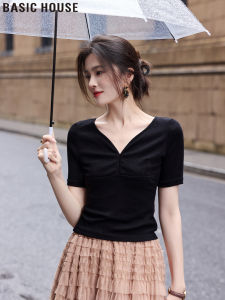 เสื้อยืดคอวีแขนสั้นบางสำหรับผู้หญิงในช่วงวันหยุด เสื้อผ้าทำงานฤดูร้อน ทรงเข้ารูป สวมใส่สบาย ผ้าฝ้ายผสมโพลีเอสเตอร์