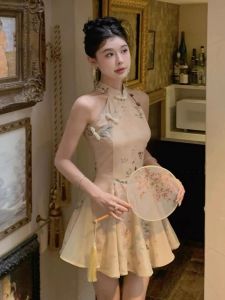 Elegant Short Midi Dress Collar Vintage Chinese Style Womens Gown High Waist A-Line Skirt Floral Embellished Sleeveless Summer Dress